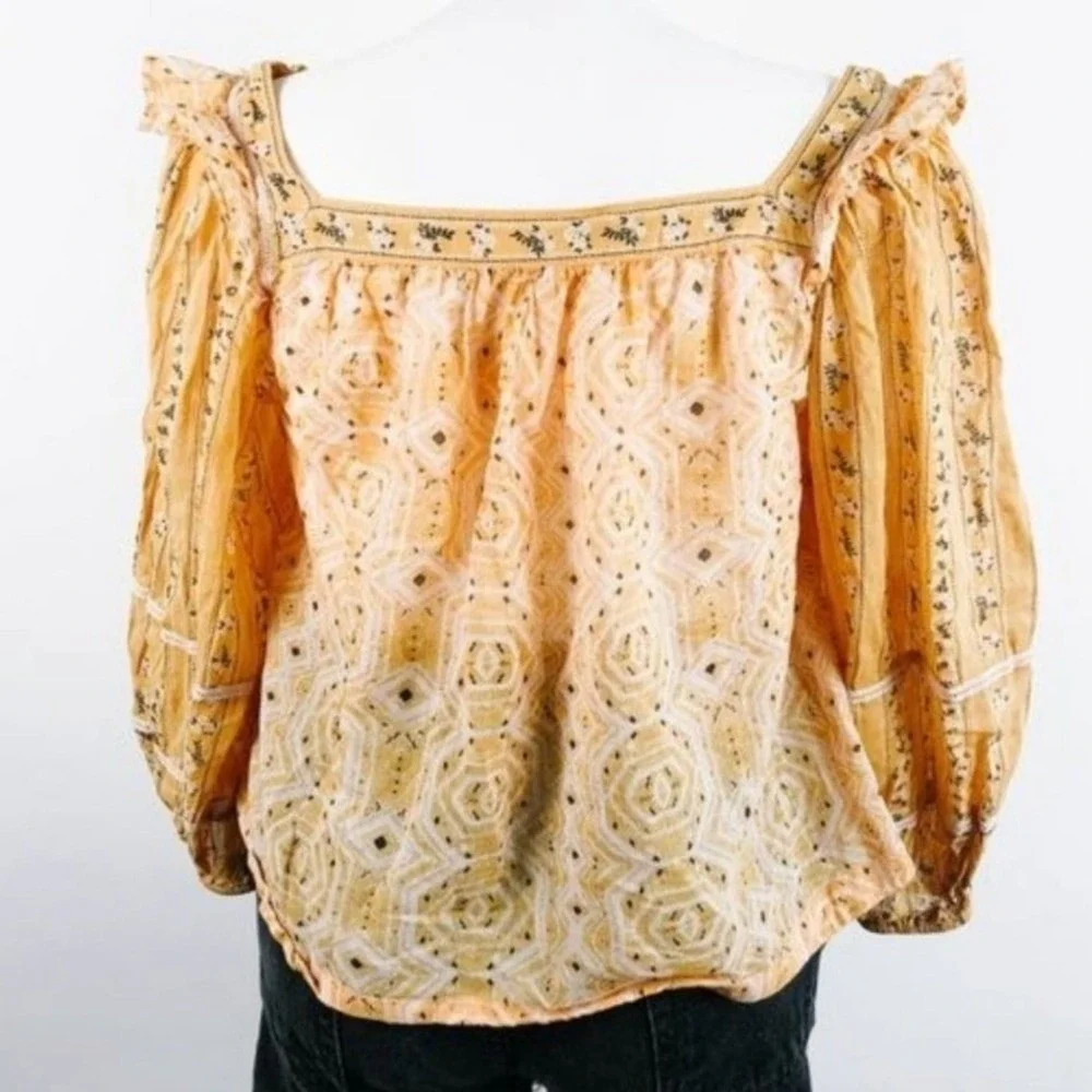 Free People Mustard Yellow Boho Floral Geometric Ruffle Puff Sleeve Blouse Large